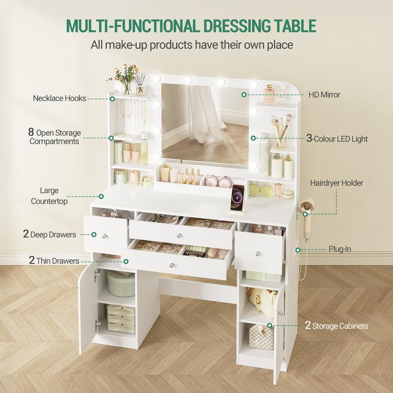 【NS】Dressing Table with Mirror, Vanity Table with Adjustable Brightness, Power Strip, 4 Drawers and 2 Open Cabinets, 5 Jewelry Hooks, Open Compartments, White,