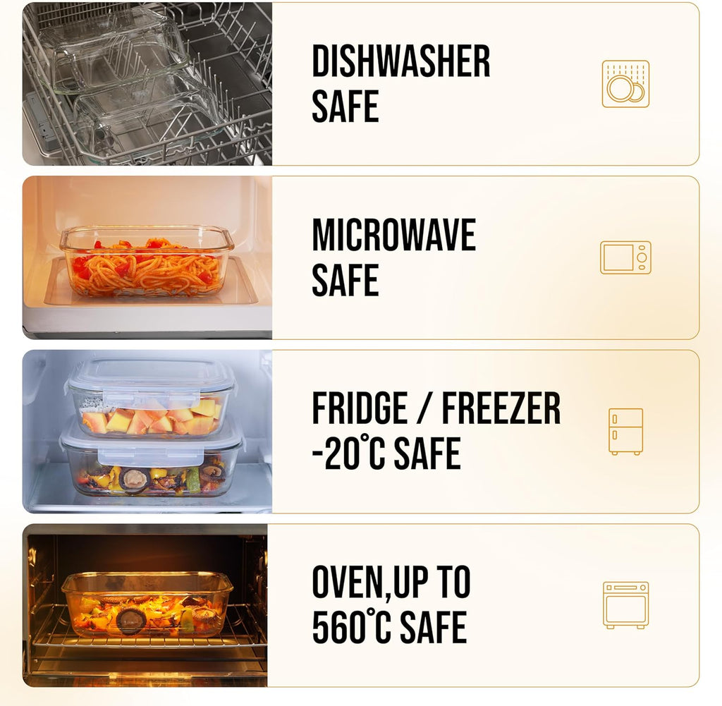 4-Pack Large Glass Food Storage Containers with Lids 2500ml 2260ml 1520ml 1050ml Microwave Oven Freezer Dishwasher Safe Meal Prep Containers