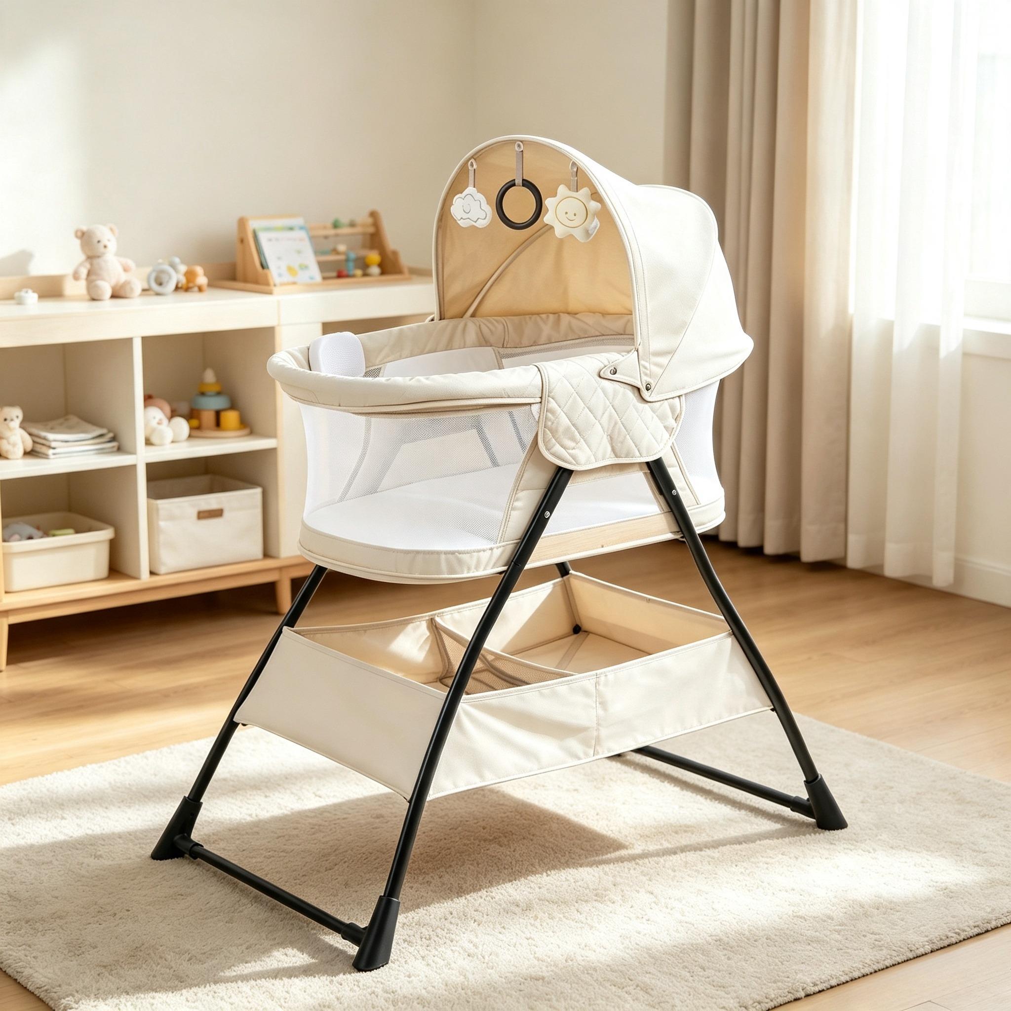 Sleepy Portable Side Crib & Moses Basket, Foldable Baby Sleeper with Gentle Vibration, Soothing Lullabies, Padded Mattress, Removable Canopy & Toys, Breathable Mesh Nursery Bed for Newborn