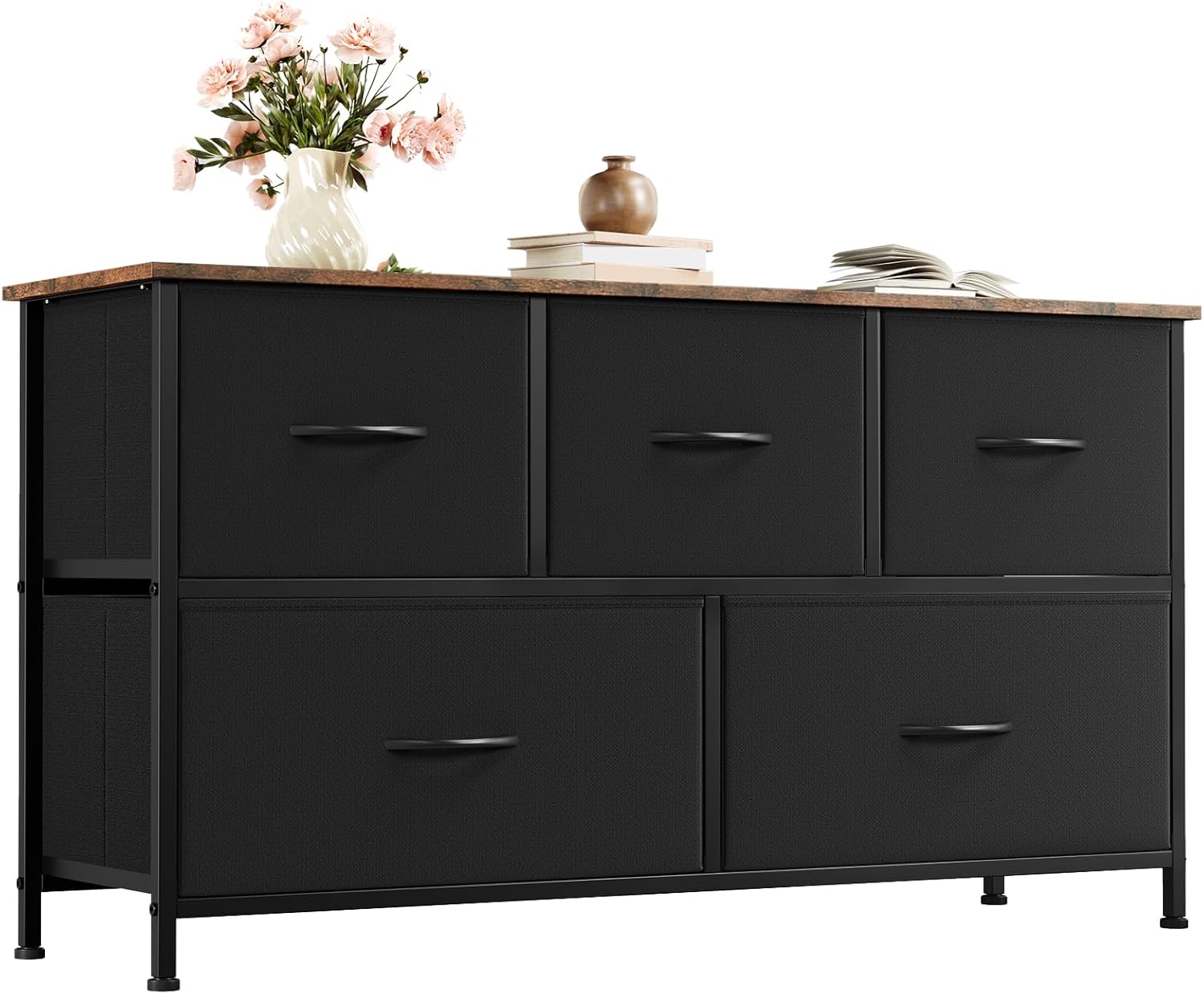 5 Drawers Faux Leather Chest of Drawers Wide Storage Organiser Dresser White Multi-Use Nightstand TV Stand Cabinet for Bedroom Closet Nursery Entryway Hallway 30 x 100 x 55 cm