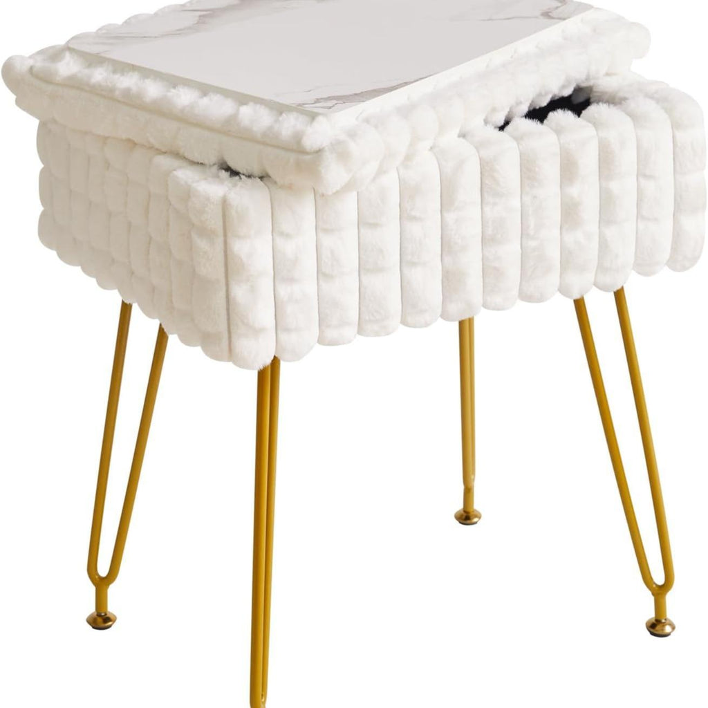 White Rectangular Vanity Chair with Storage – Ottoman Footrest Stool with Anti-Slip Feet & Square Grid Design, Perfect for Bedroom and Makeup Room