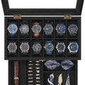 12-Slot Ink Black Wooden Watch Box with Glass Lid - 2-Tier Luxury Case for Men & Women | Velvet Lining & Watch Pillows, Stylish Jewellery Storage | Ideal Gift + FREE Gift Included | Organize Watches in Elegant Fashion