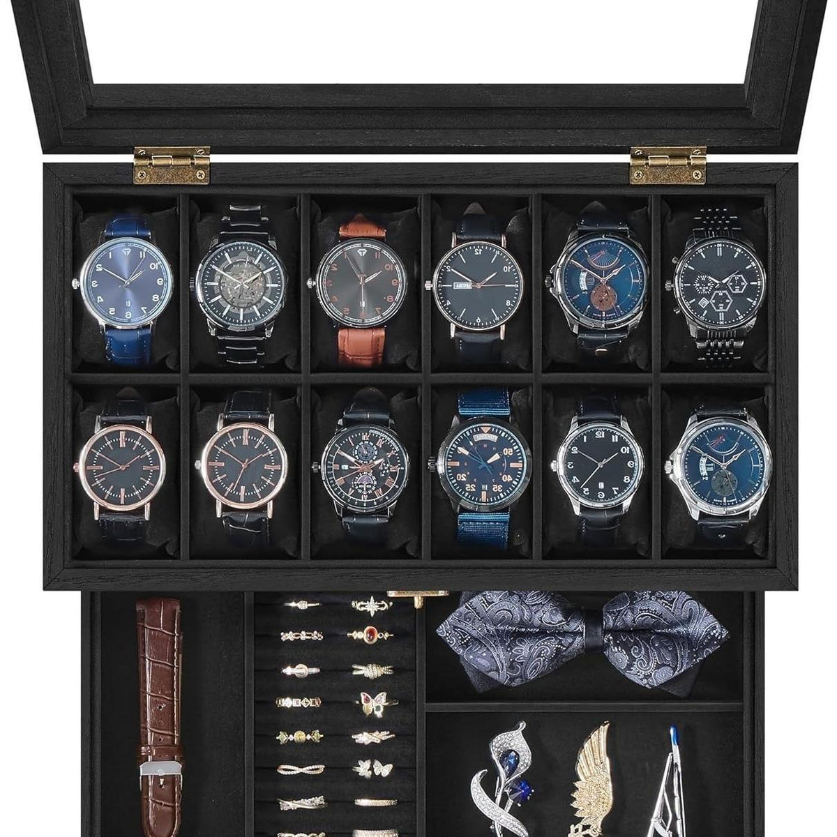 12-Slot Ink Black Wooden Watch Box with Glass Lid - 2-Tier Luxury Case for Men & Women | Velvet Lining & Watch Pillows, Stylish Jewellery Storage | Ideal Gift + FREE Gift Included | Organize Watches in Elegant Fashion