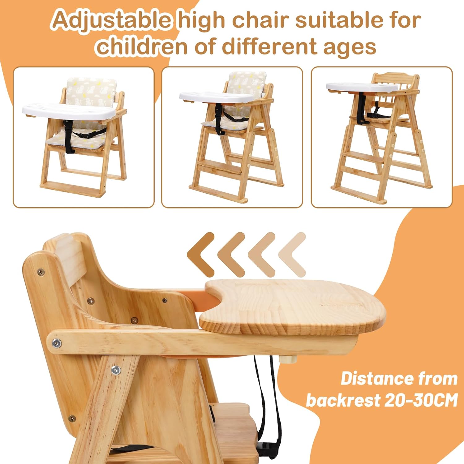 Christmas Gift! 4-in-1 Foldable Wooden High Chair for Babies & Toddlers - Adjustable Height & Footrest, Safety Harness, Detachable Easy-Clean Tray with Soft Cushion, Natural Wood Color