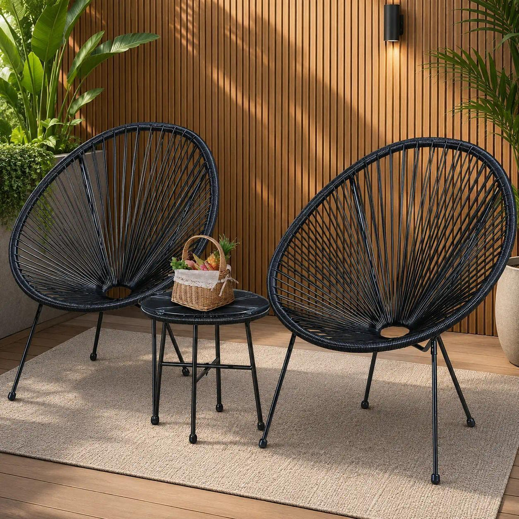 3-Piece Egg Chair Lounge Set, Ergonomic Woven String Patio Chair with Tall Enveloping Backrest, Sturdy Steel Frame & Tempered Glass Side Table, Waterproof PE Outdoor Indoor Furniture for Garden Patio Conservatory, Black