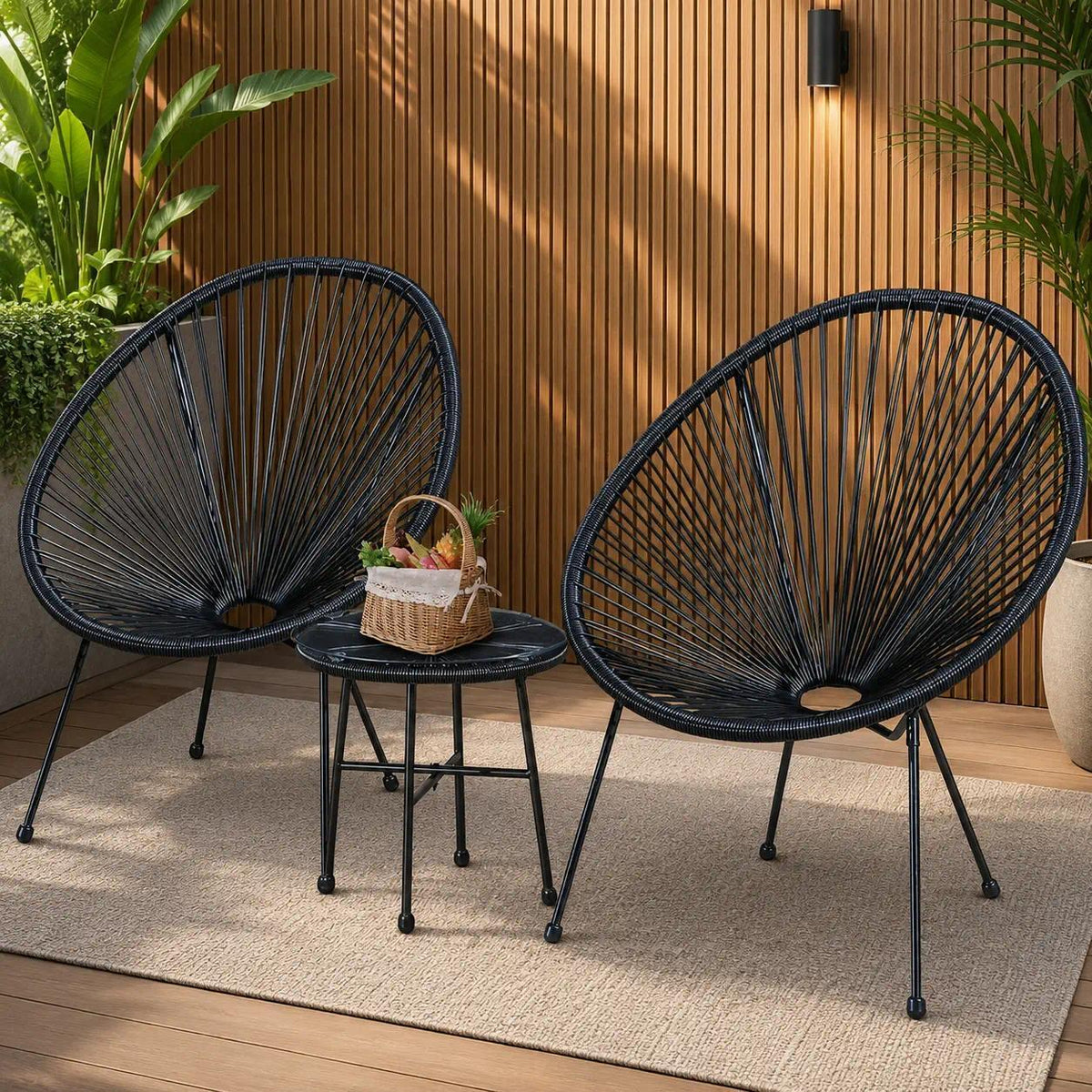 3-Piece Egg Chair Lounge Set, Ergonomic Woven String Patio Chair with Tall Enveloping Backrest, Sturdy Steel Frame & Tempered Glass Side Table, Waterproof PE Outdoor Indoor Furniture for Garden Patio Conservatory, Black