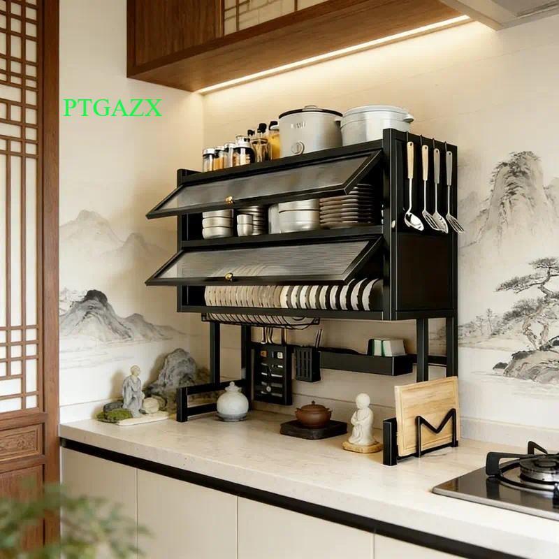 2‑Tier Over‑The‑Sink Dish Drying Rack, Black Carbon Steel Kitchen Counter Organizer with Acrylic Dust‑Proof Cabinet Doors, Dish Shelf & Spice Storage, Space‑Saving Sink Shelf, Size 95×28×90cm