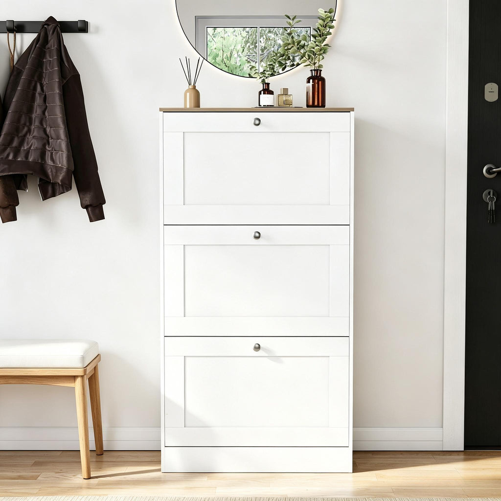 3 Drawer Pull-Down Shoe Cabinet, Slim Space-Saving Wooden Shoe Storage Organizer with Oak Top Surface, Hidden Footwear Storage Cabinet for Entryway Hallway Bedroom Home Furniture