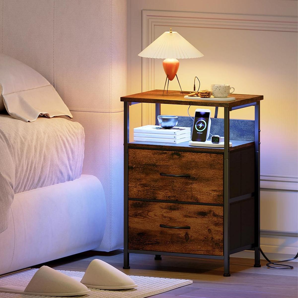 【NS】Bedside Table with Charging Station and LED Light, Bedroom 2 Drawers Bedside Cabinet with 2 Outlets and 2 USB Ports, Bed Side Table for Dorm Kids Room Closet, Wood Grain Print