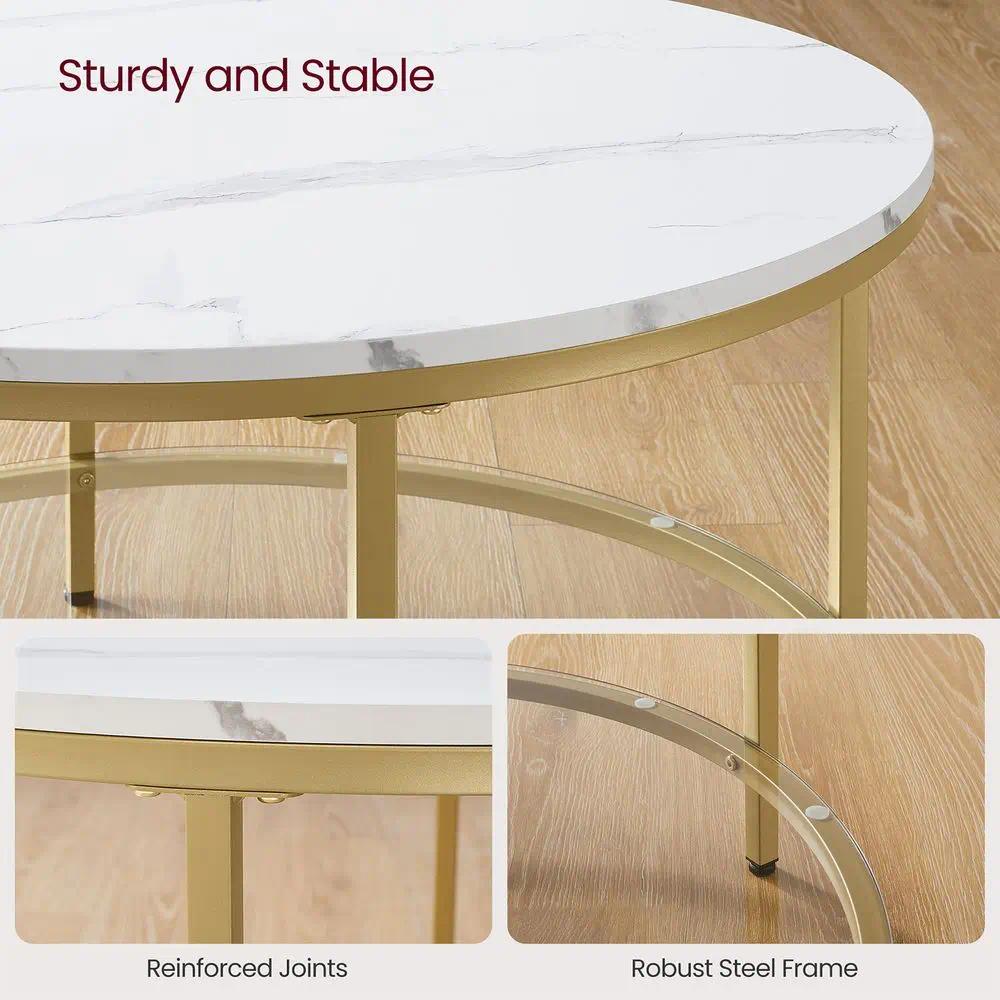 Coffee Table, Living Room Table, Sofa Cocktail Table Faux Marble Round, Tempered Glass Storage Shelf, Easy to Assemble, Modern Style, for Living Room